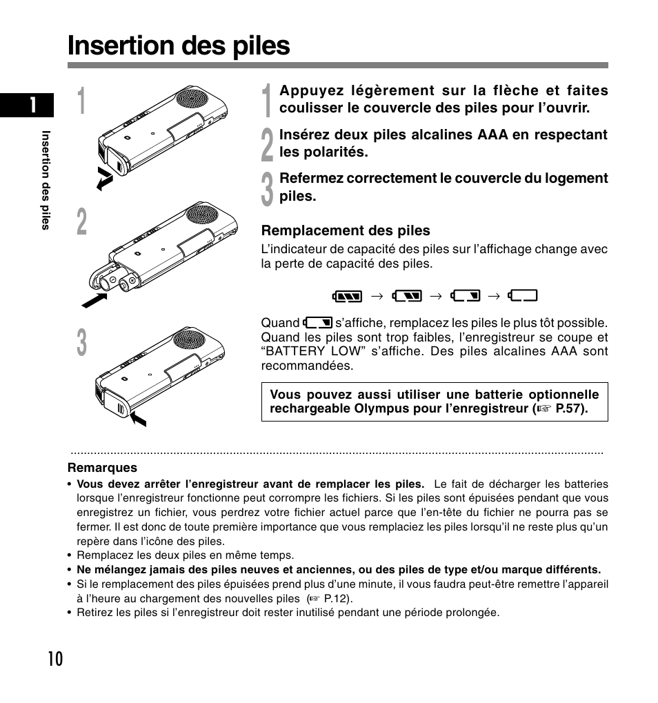 Insertion des piles | Olympus DS-2200 User Manual | Page 70 / 180