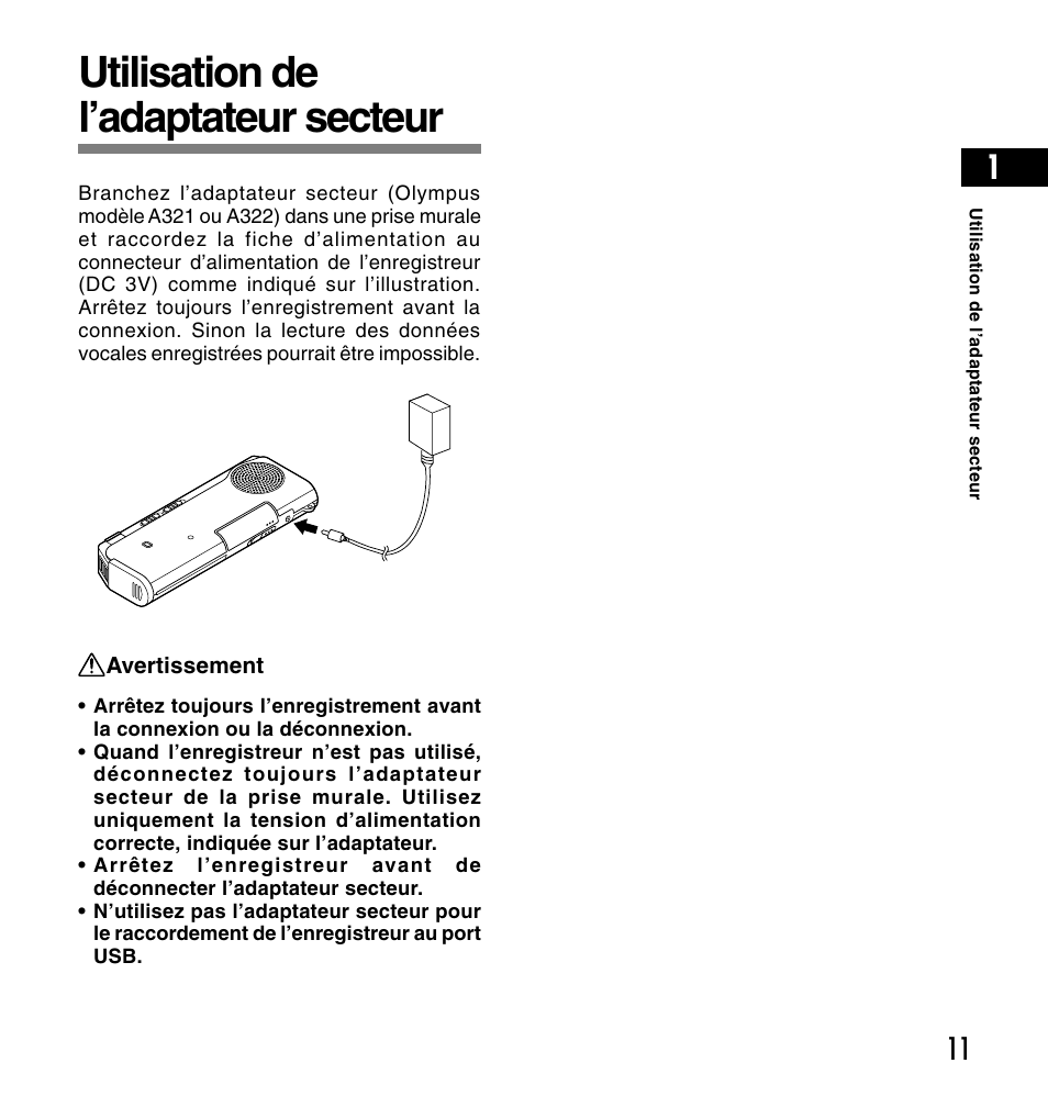 Utilisation de l’adaptateur secteur | Olympus DS-2200 User Manual | Page 71 / 180