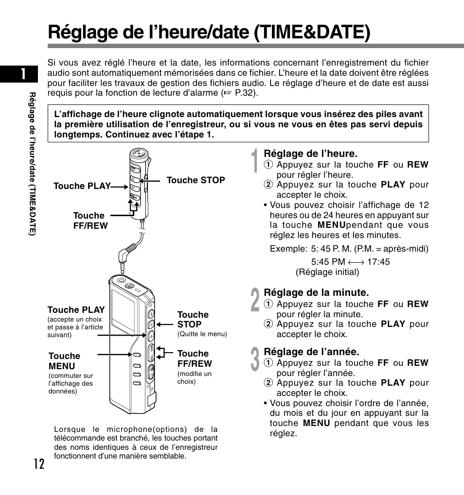 Réglage de l’heure/date (time&date) | Olympus DS-2200 User Manual | Page 72 / 180