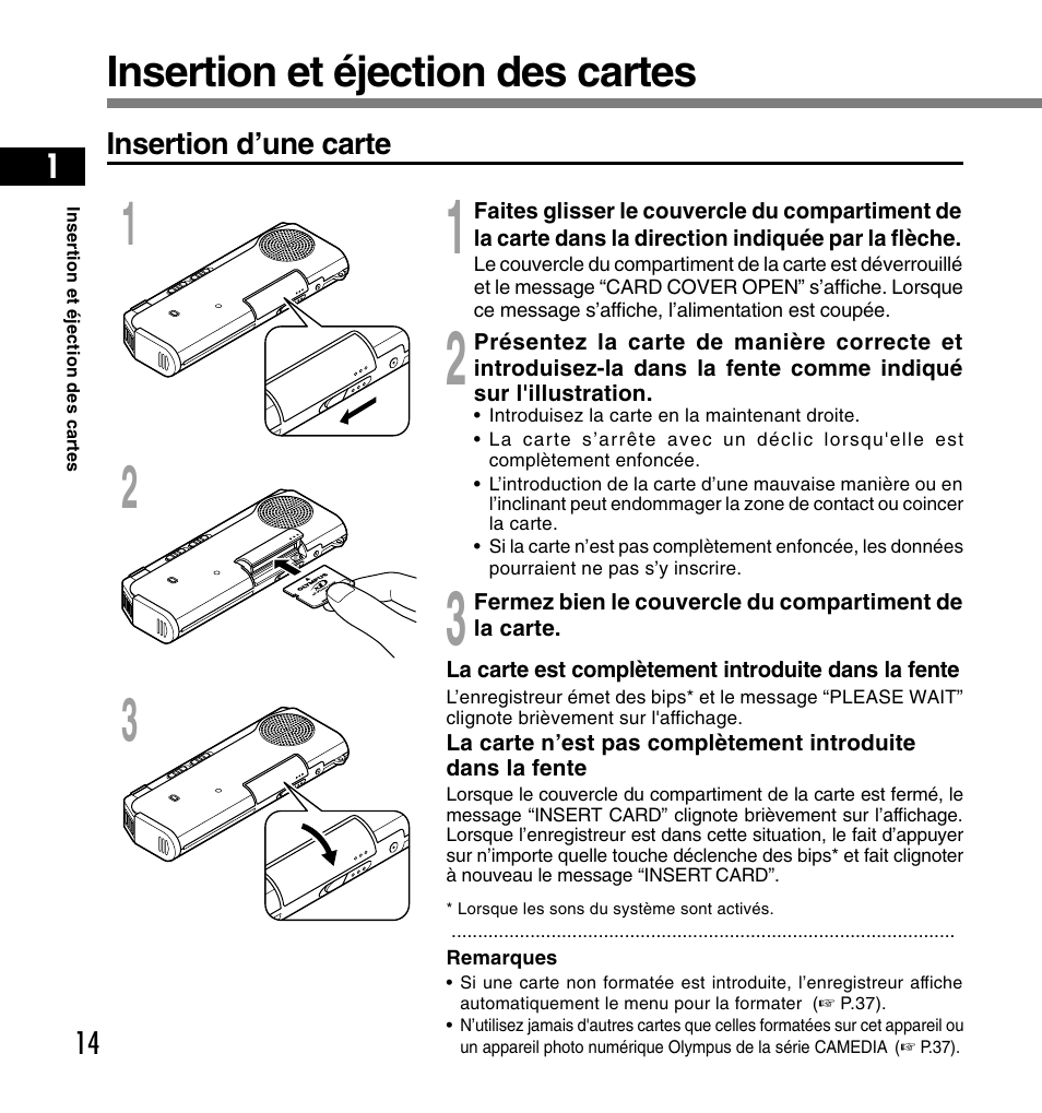 Insertion et éjection des cartes | Olympus DS-2200 User Manual | Page 74 / 180