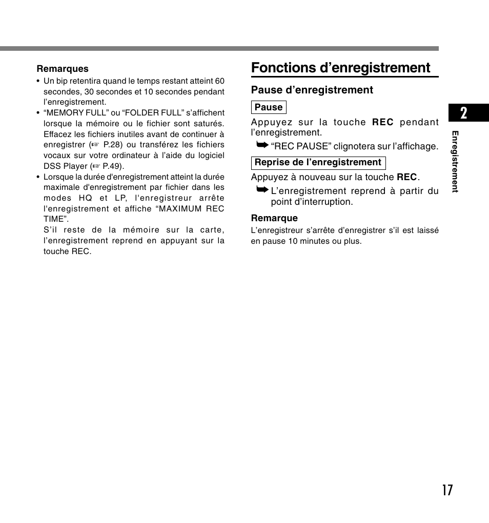 Fonctions d’enregistrement | Olympus DS-2200 User Manual | Page 77 / 180