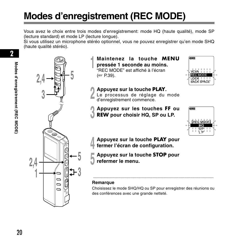 Modes d’enregistrement (rec mode) | Olympus DS-2200 User Manual | Page 80 / 180