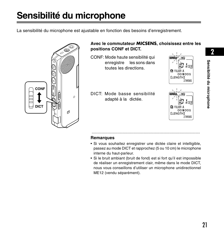 Sensibilité du microphone | Olympus DS-2200 User Manual | Page 81 / 180