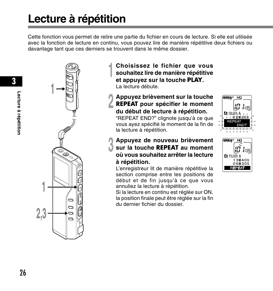 Lecture à répétition | Olympus DS-2200 User Manual | Page 86 / 180