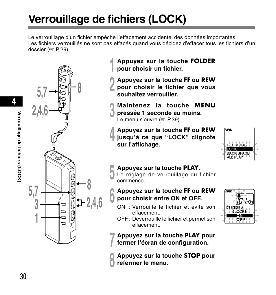 Verrouillage de fichiers (lock) | Olympus DS-2200 User Manual | Page 90 / 180