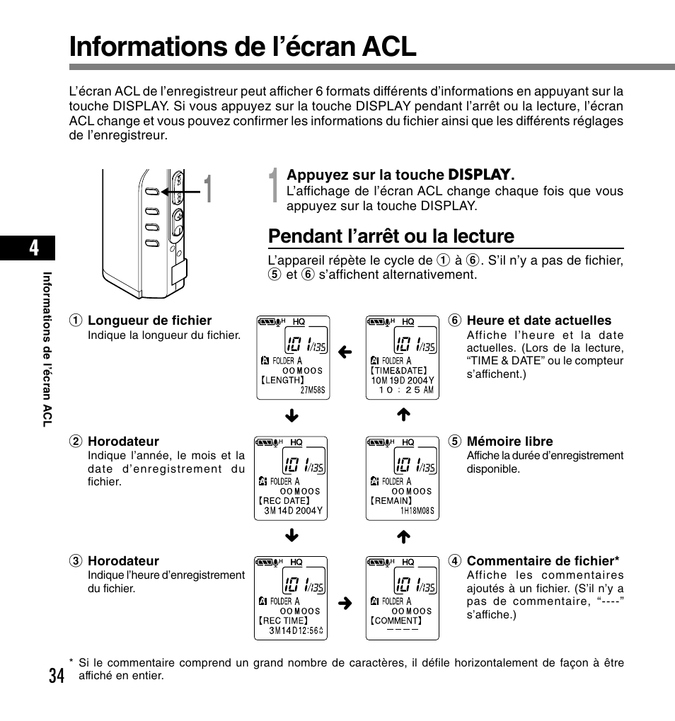 Informations de l’écran acl, Pendant l’arrêt ou la lecture | Olympus DS-2200 User Manual | Page 94 / 180