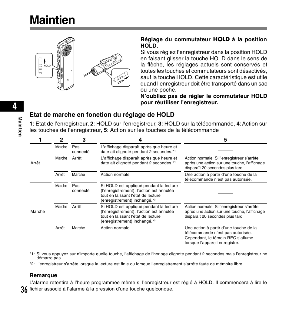 Maintien, Etat de marche en fonction du réglage de hold | Olympus DS-2200 User Manual | Page 96 / 180
