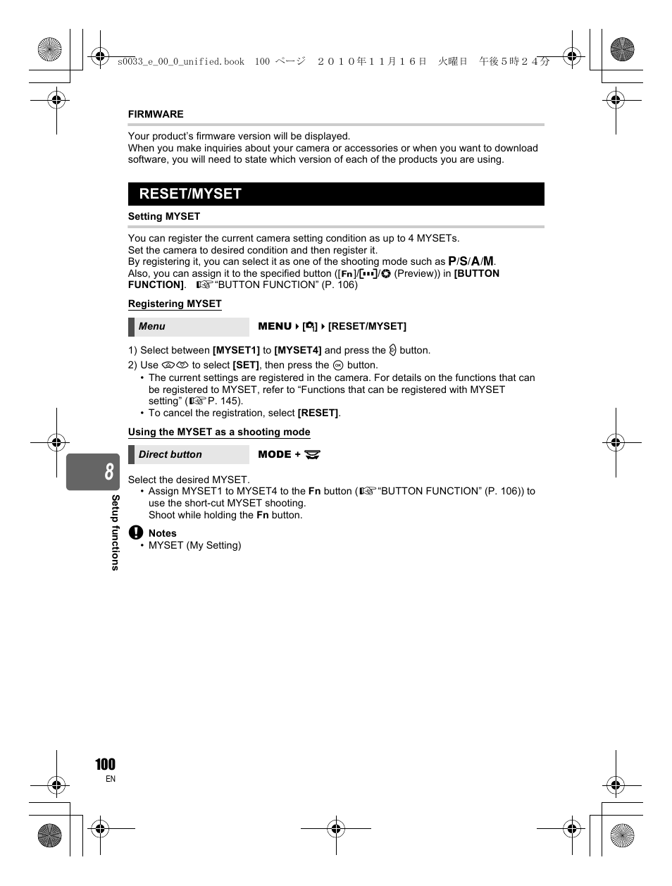 Reset/myset | Olympus E-5 User Manual | Page 100 / 172