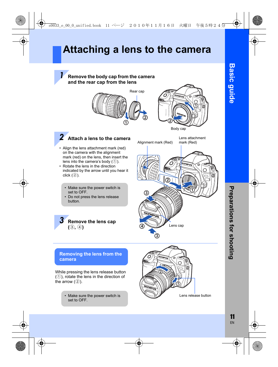 Attaching a lens to the camera, Basic guid e, Prep arat ions f or sho oting | Olympus E-5 User Manual | Page 11 / 172