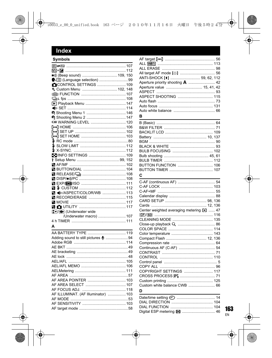 Index | Olympus E-5 User Manual | Page 163 / 172