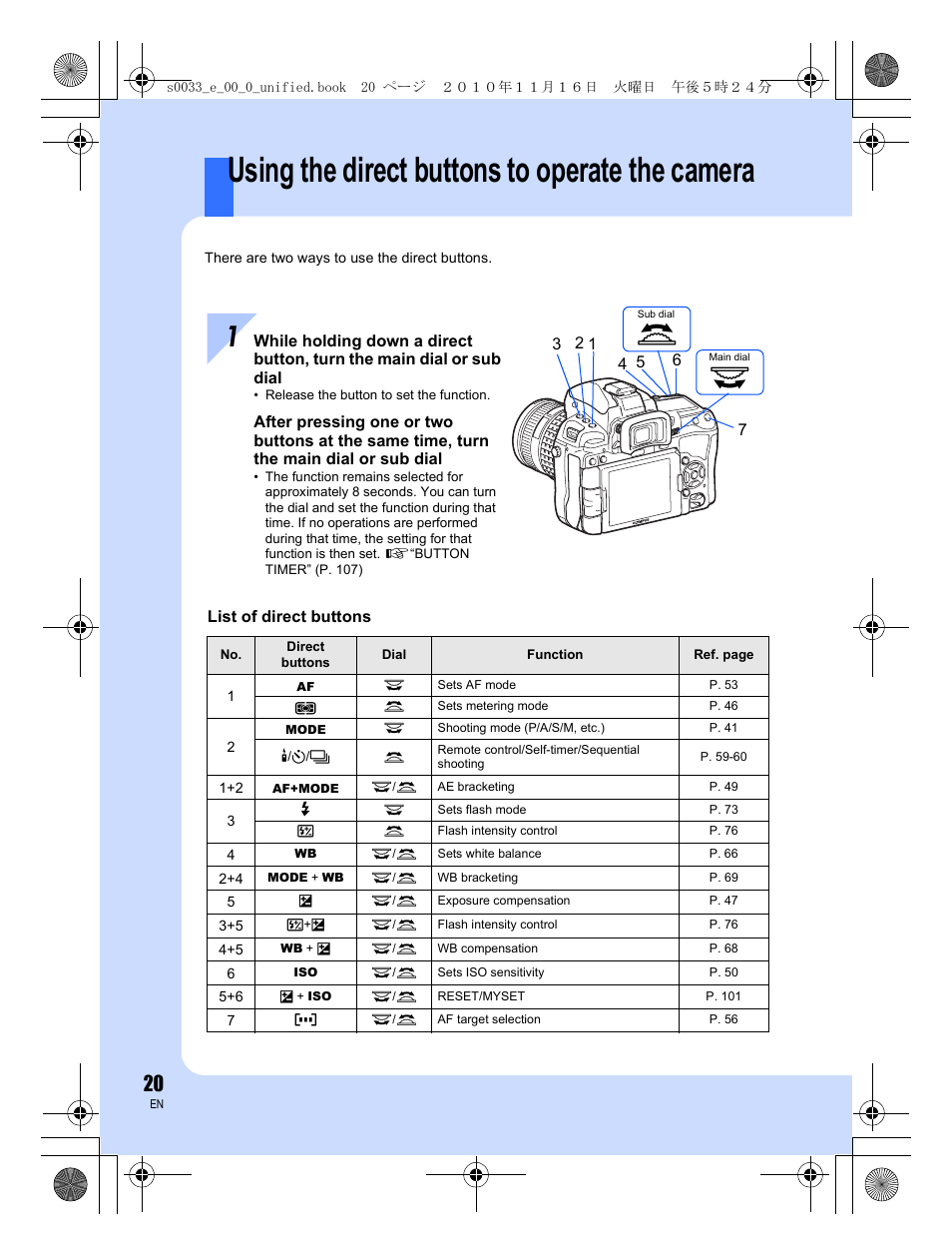 Using the direct buttons to operate the camera | Olympus E-5 User Manual | Page 20 / 172