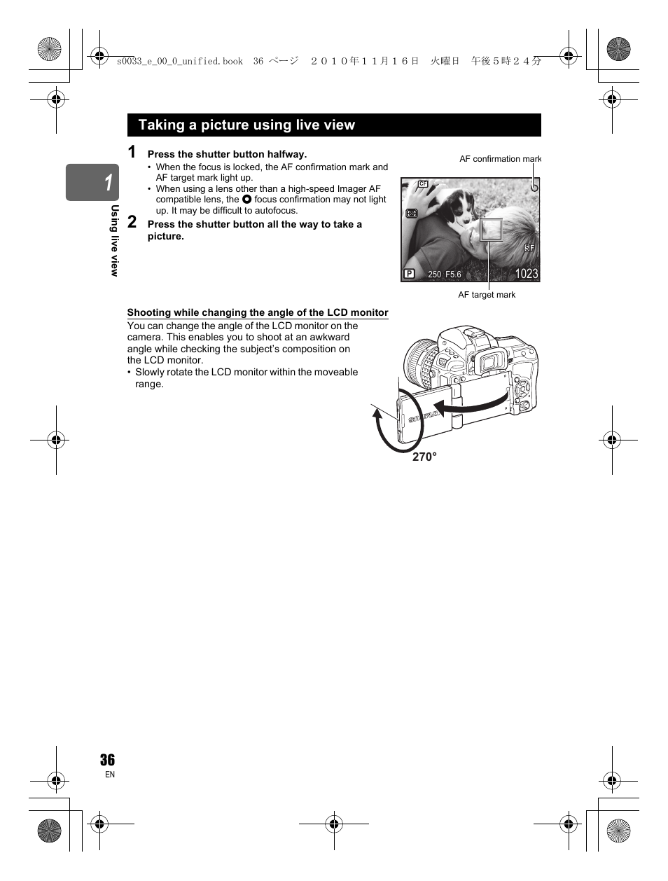 Taking a picture using live view | Olympus E-5 User Manual | Page 36 / 172