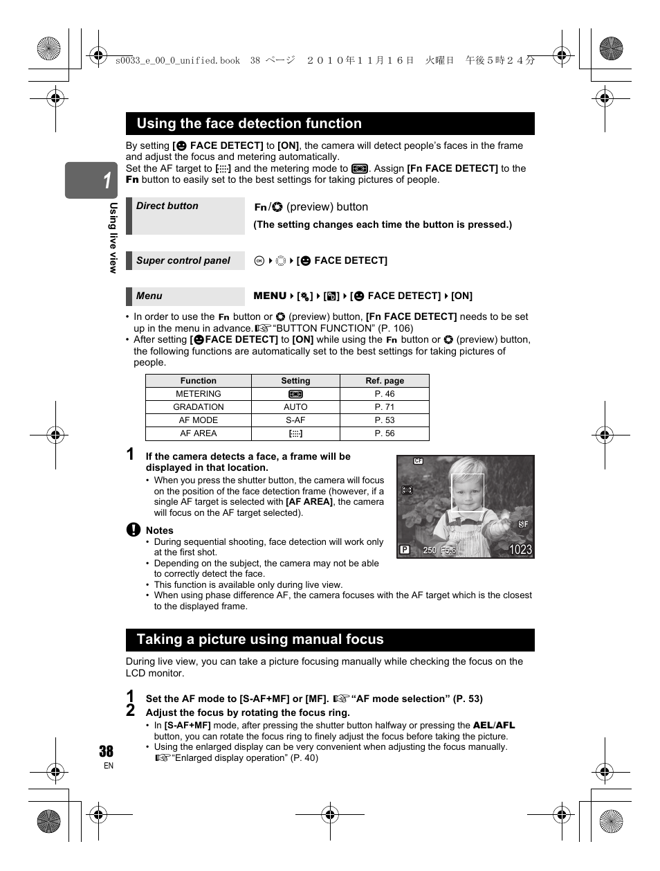 Using the face detection function, Taking a picture using manual focus | Olympus E-5 User Manual | Page 38 / 172