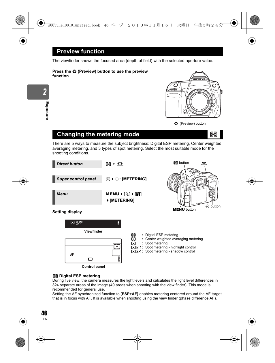 Preview function changing the metering mode | Olympus E-5 User Manual | Page 46 / 172