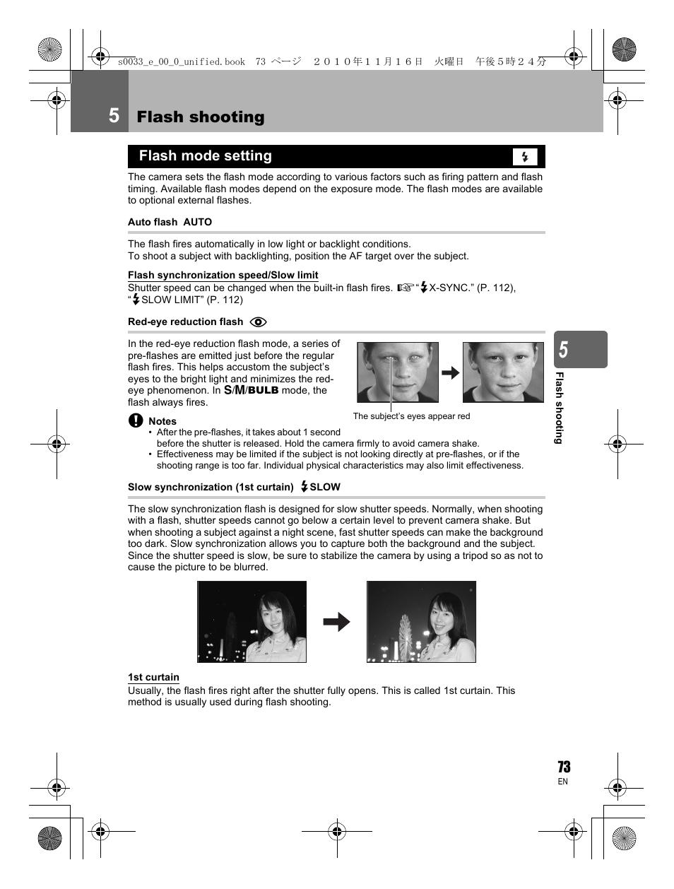 Flash shooting, Flash mode setting | Olympus E-5 User Manual | Page 73 / 172