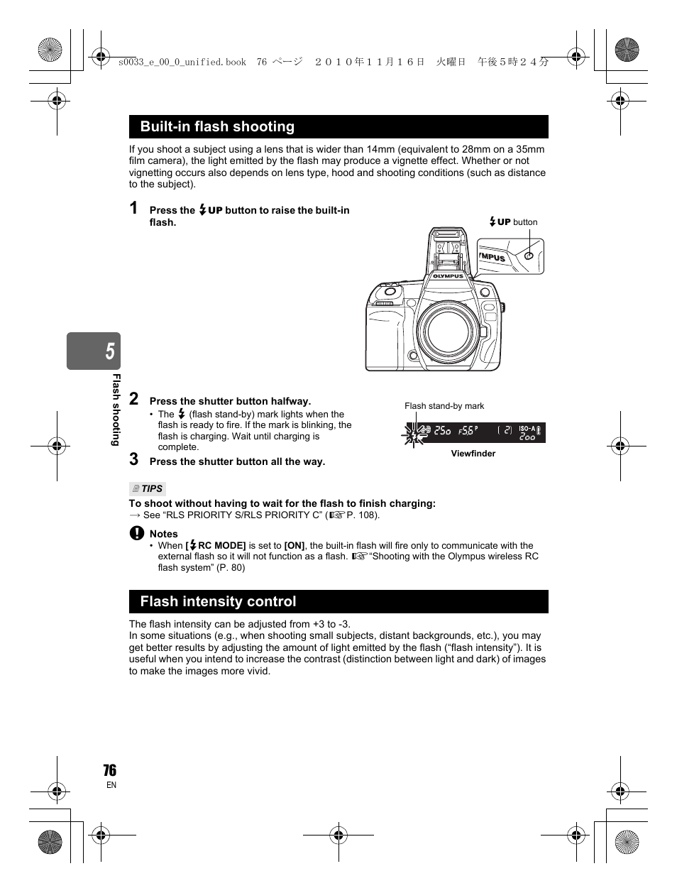 Built-in flash shooting, Flash intensity control | Olympus E-5 User Manual | Page 76 / 172