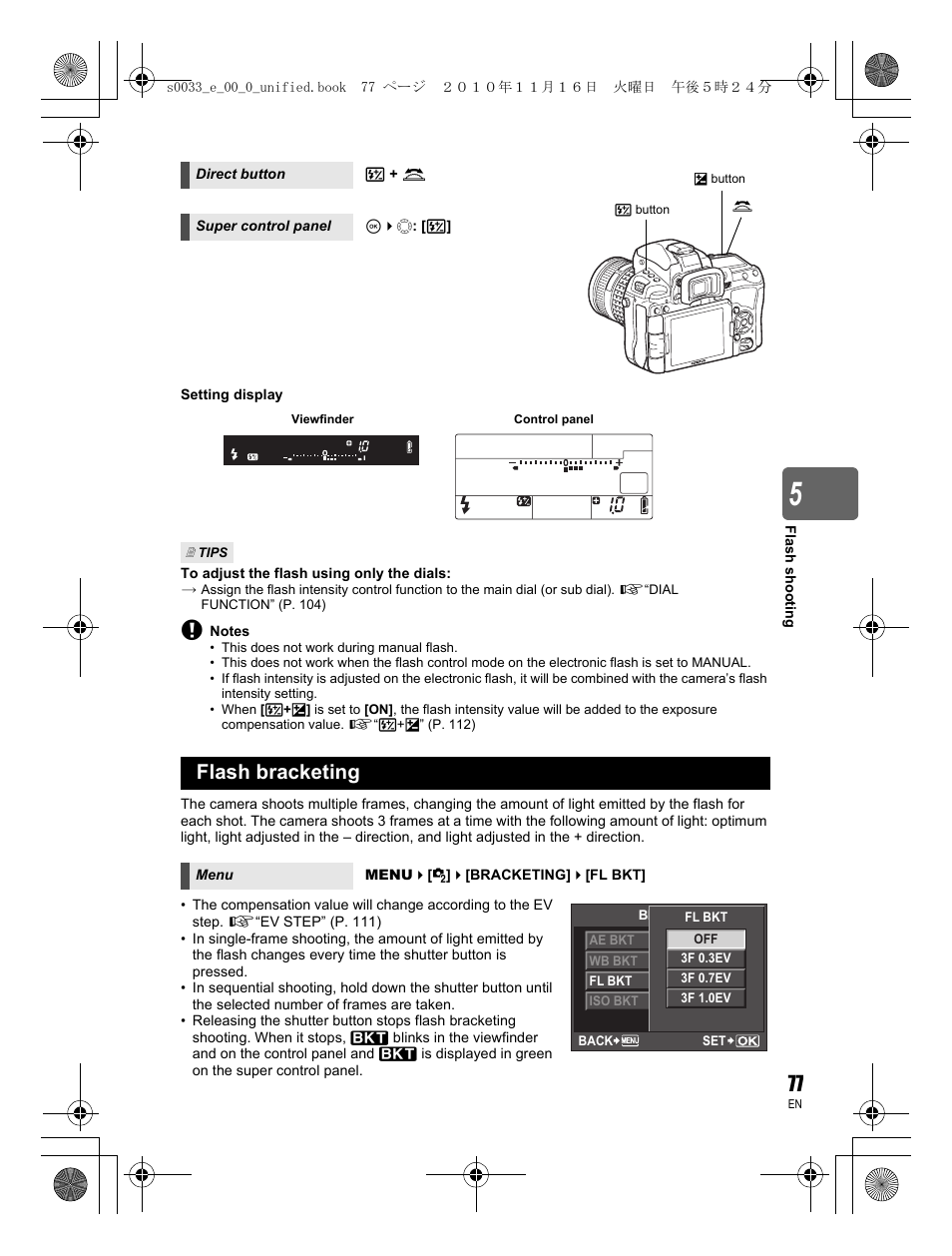 Flash bracketing | Olympus E-5 User Manual | Page 77 / 172