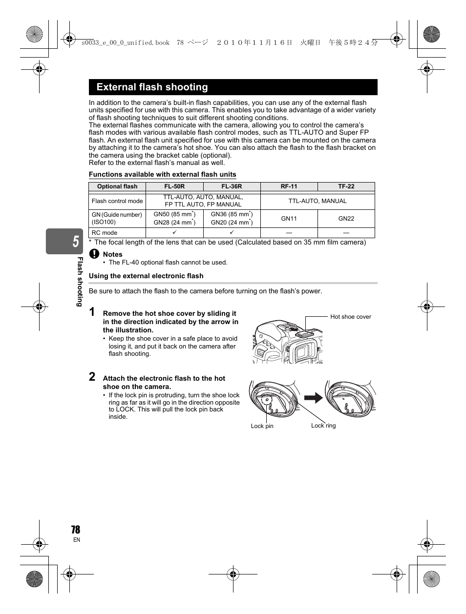 External flash shooting | Olympus E-5 User Manual | Page 78 / 172