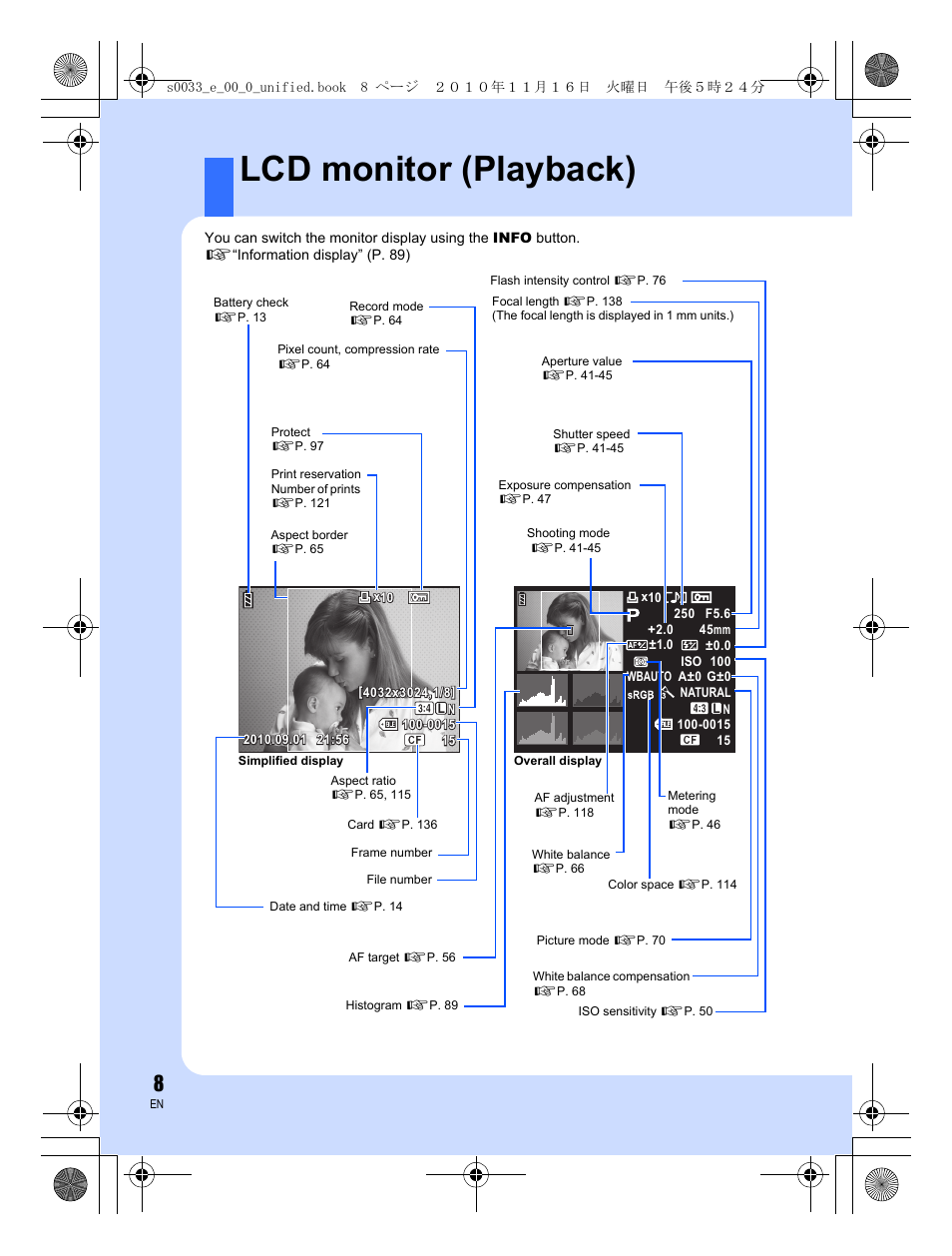Lcd monitor (playback) | Olympus E-5 User Manual | Page 8 / 172