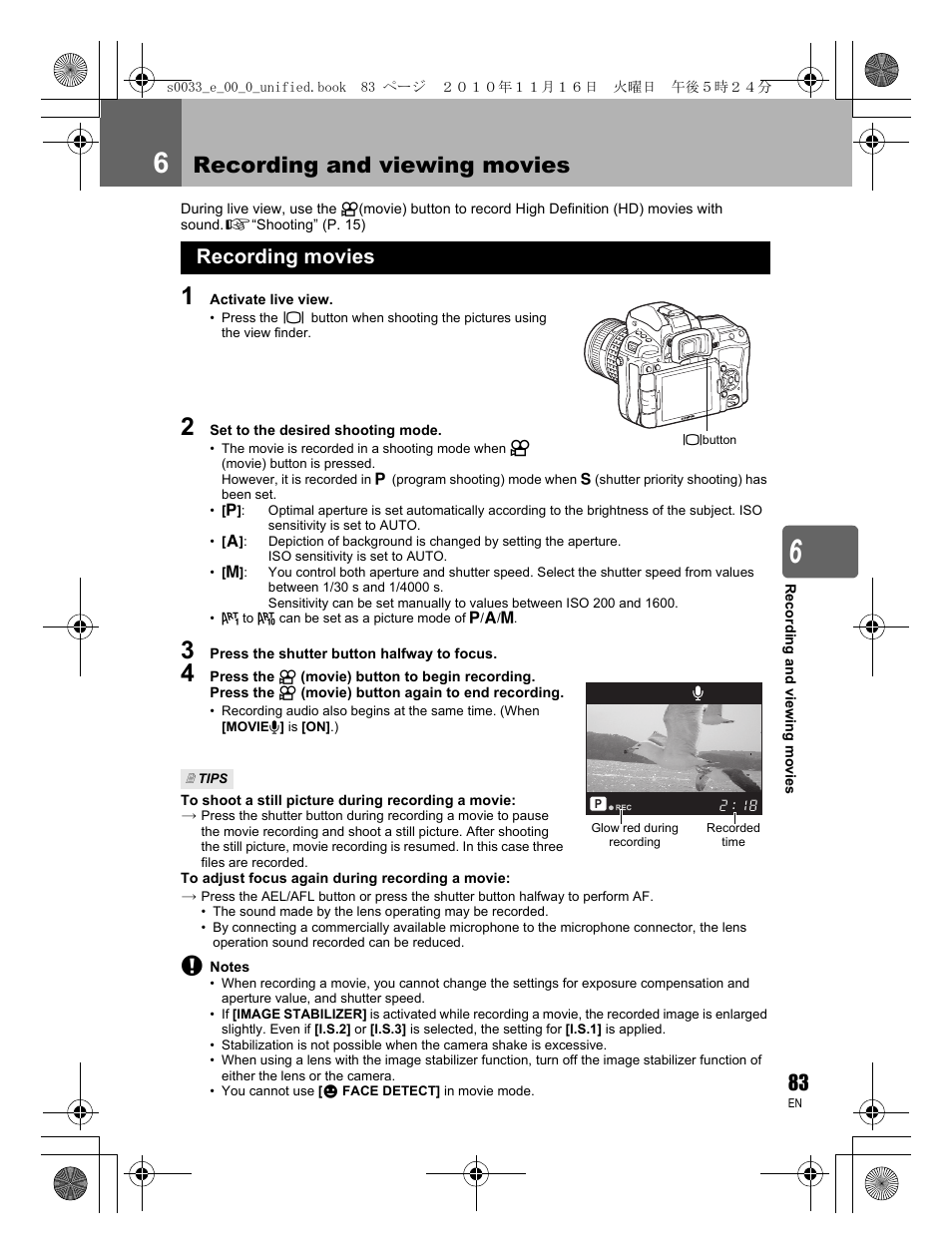 Recording and viewing movies, Recording movies | Olympus E-5 User Manual | Page 83 / 172