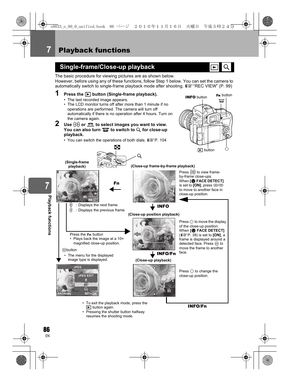 Playback functions, Single-frame/close-up playback | Olympus E-5 User Manual | Page 86 / 172