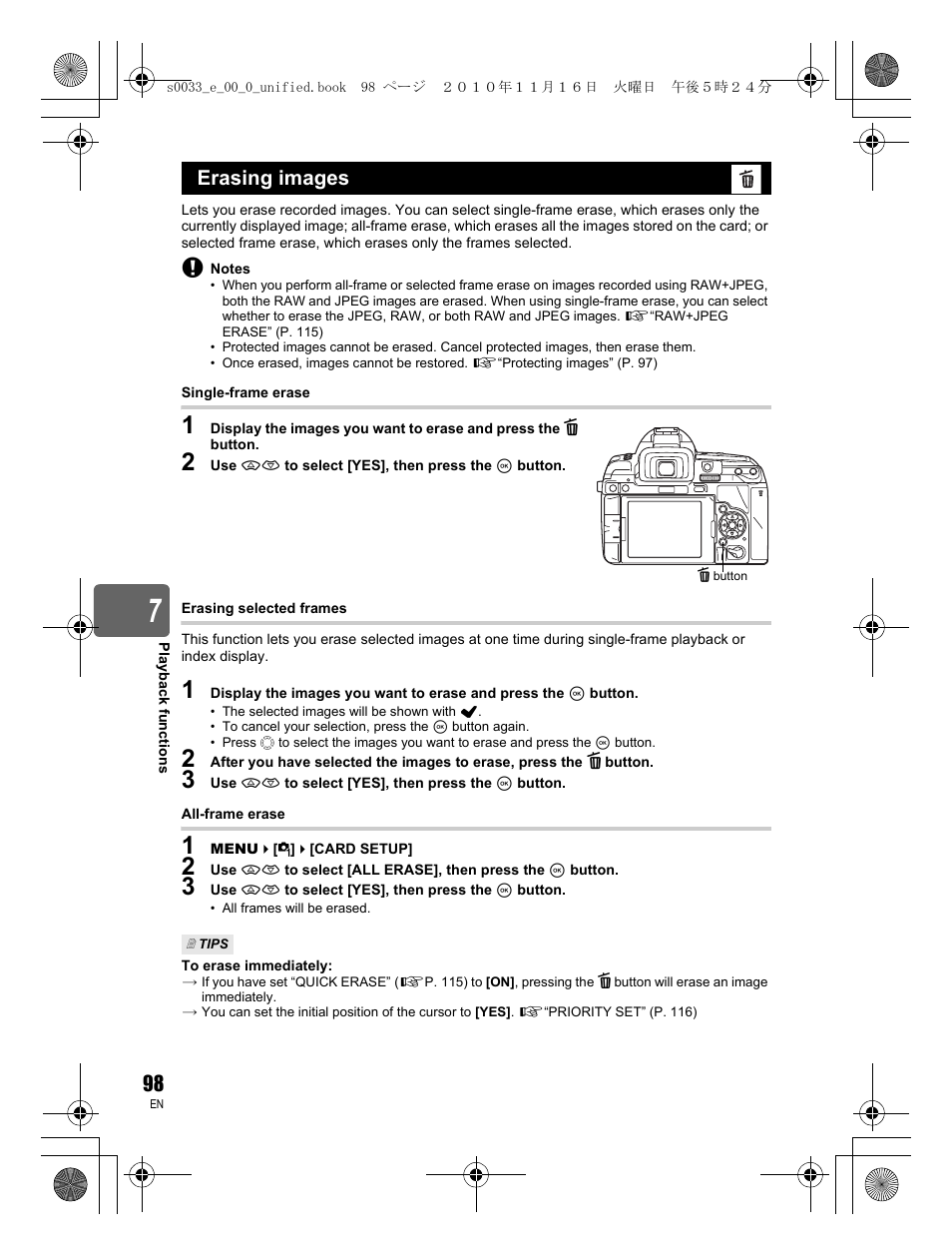 Erasing images | Olympus E-5 User Manual | Page 98 / 172