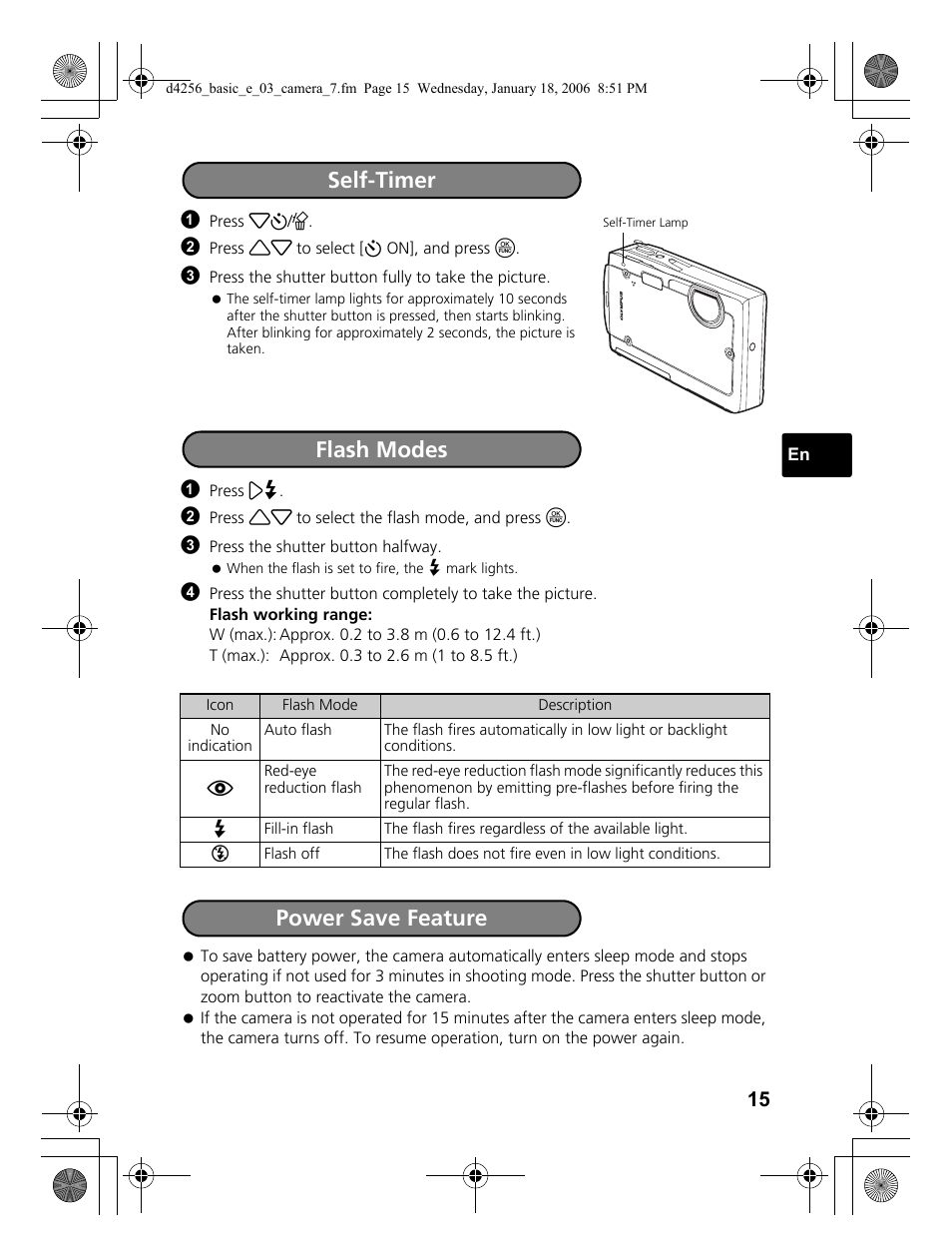 Self-timer, Flash modes power save feature | Olympus 720 SW User Manual | Page 15 / 29