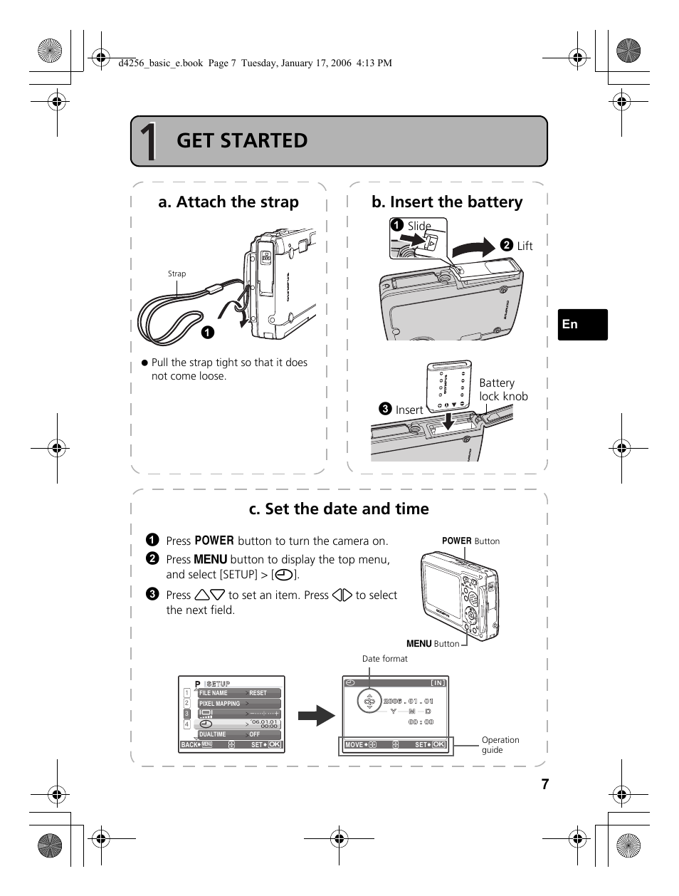 Get started, A. attach the strap b. insert the battery, C. set the date and time | Slide, Lift, Insert, Battery lock knob, Press o button to turn the camera on | Olympus 720 SW User Manual | Page 7 / 29