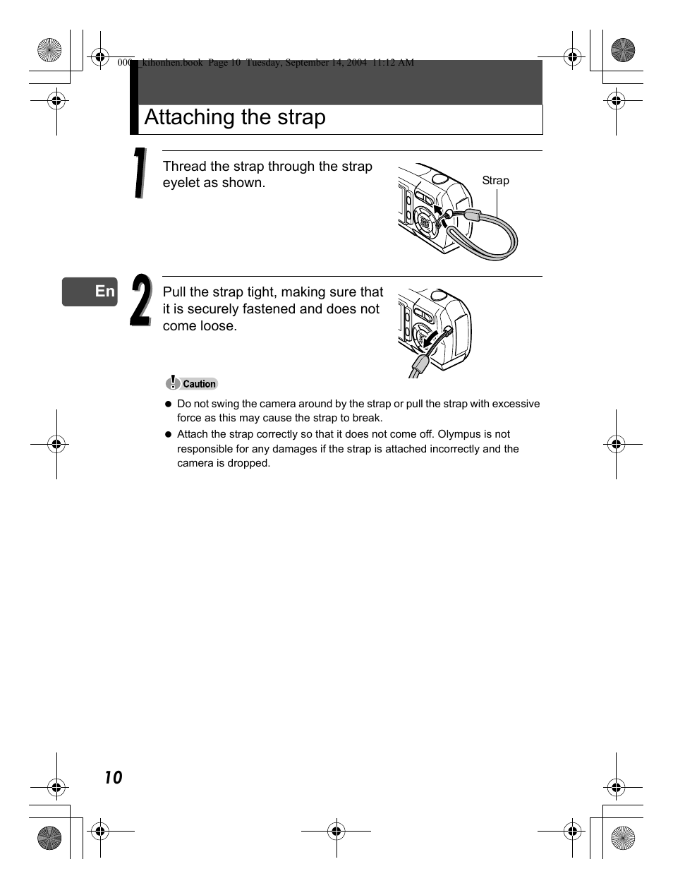 Attaching the strap | Olympus C-470 Zoom  EN User Manual | Page 10 / 108