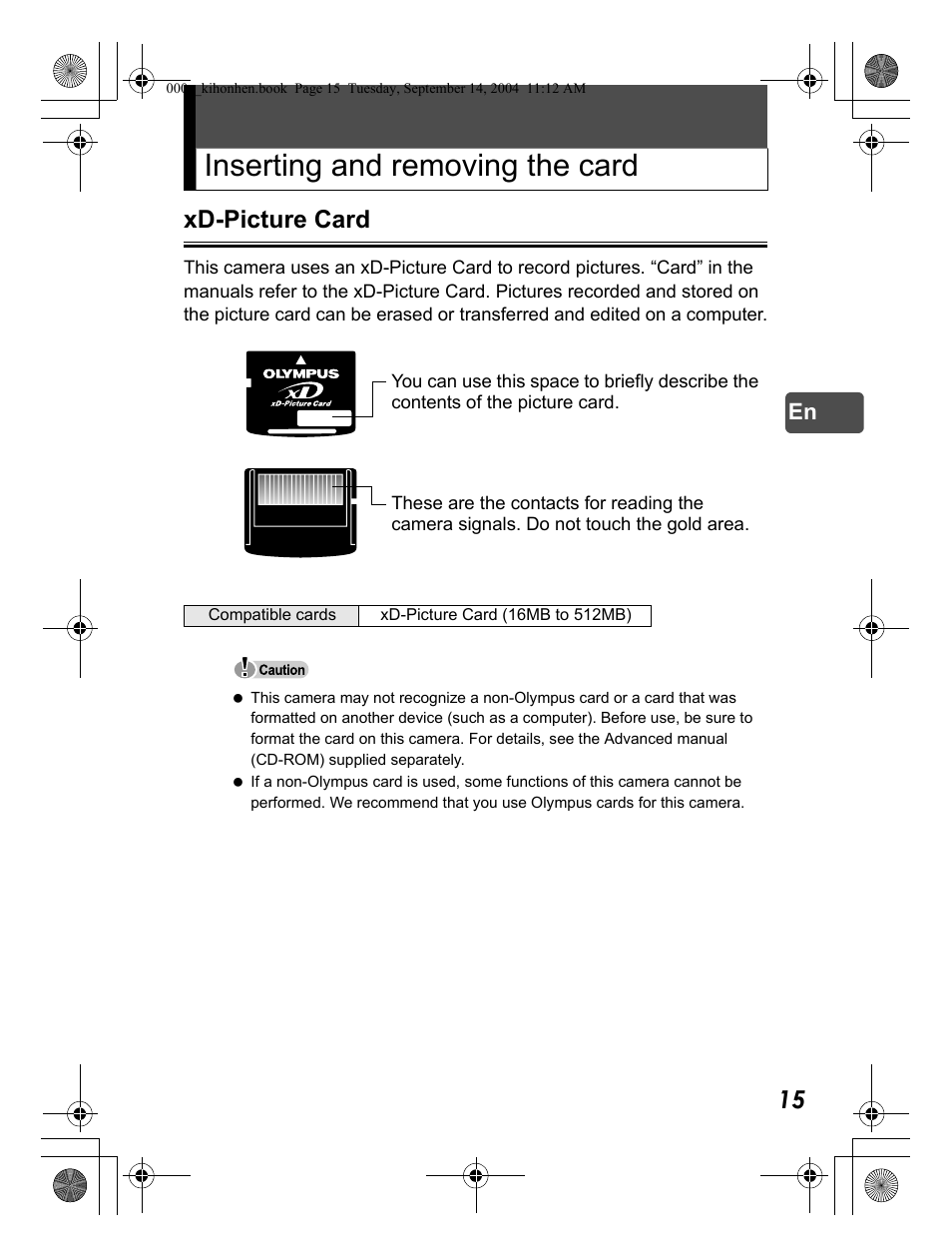 Inserting and removing the card, Xd-picture card | Olympus C-470 Zoom  EN User Manual | Page 15 / 108