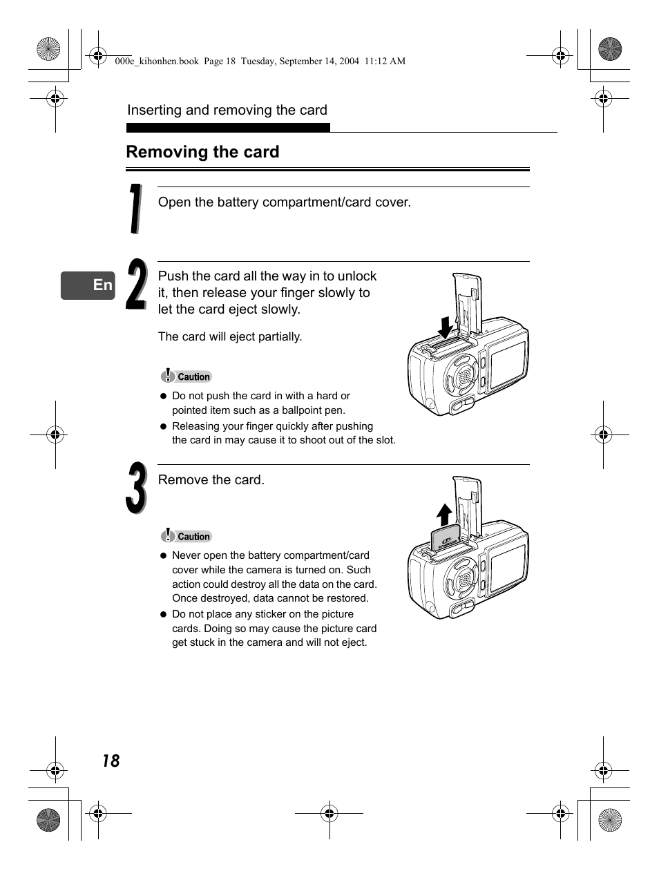 Removing the card | Olympus C-470 Zoom  EN User Manual | Page 18 / 108