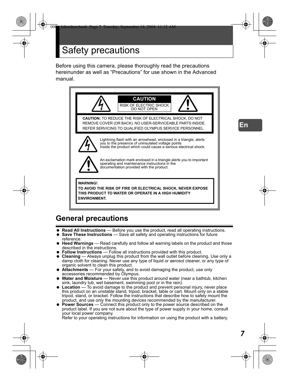 Safety precautions, General precautions | Olympus C-470 Zoom  EN User Manual | Page 7 / 108
