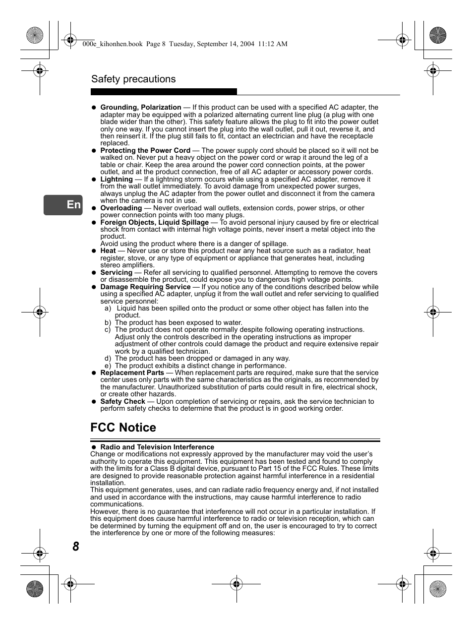 Fcc notice, Safety precautions | Olympus C-470 Zoom  EN User Manual | Page 8 / 108