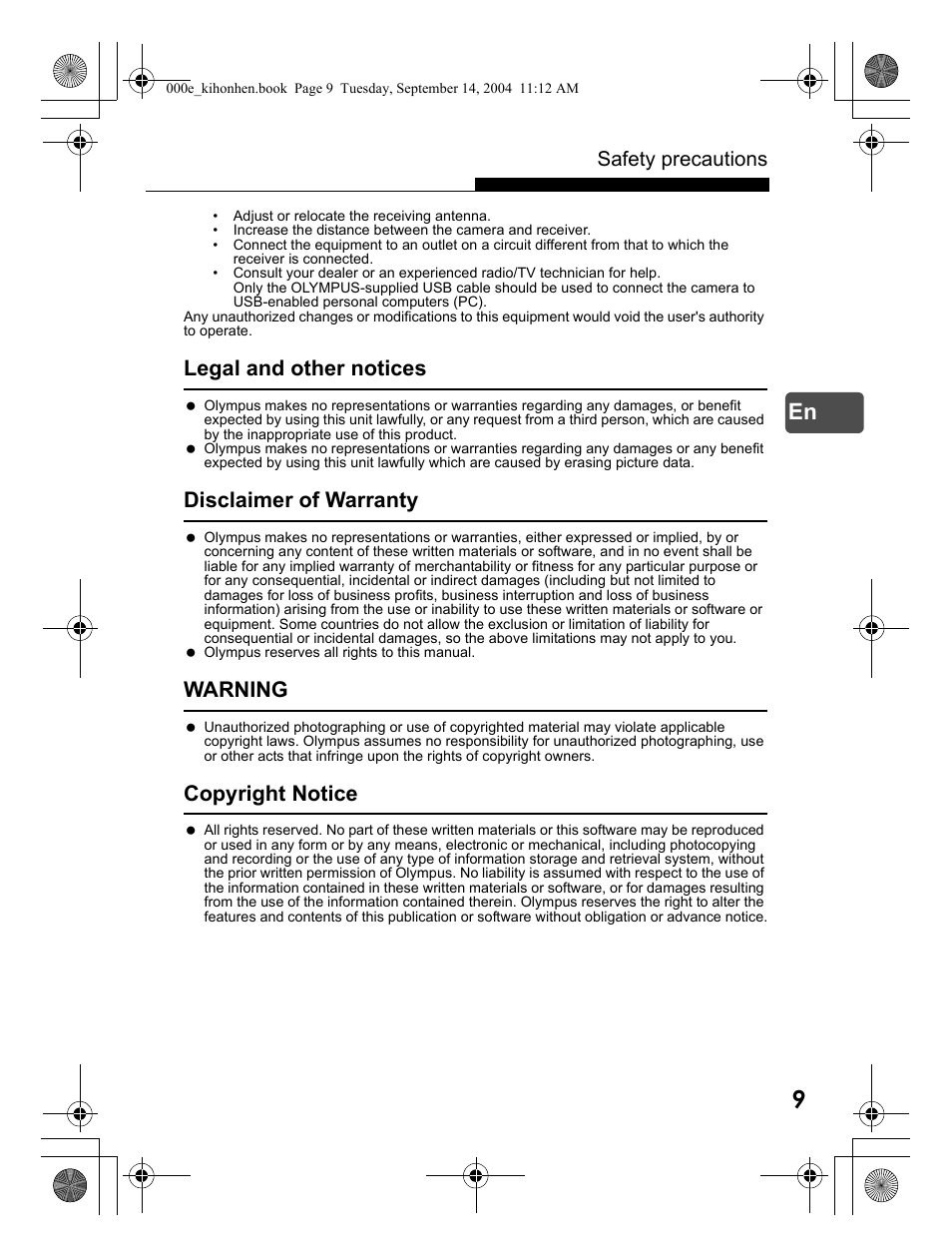 Legal and other notices, Disclaimer of warranty, Warning | Copyright notice, Safety precautions | Olympus C-470 Zoom  EN User Manual | Page 9 / 108