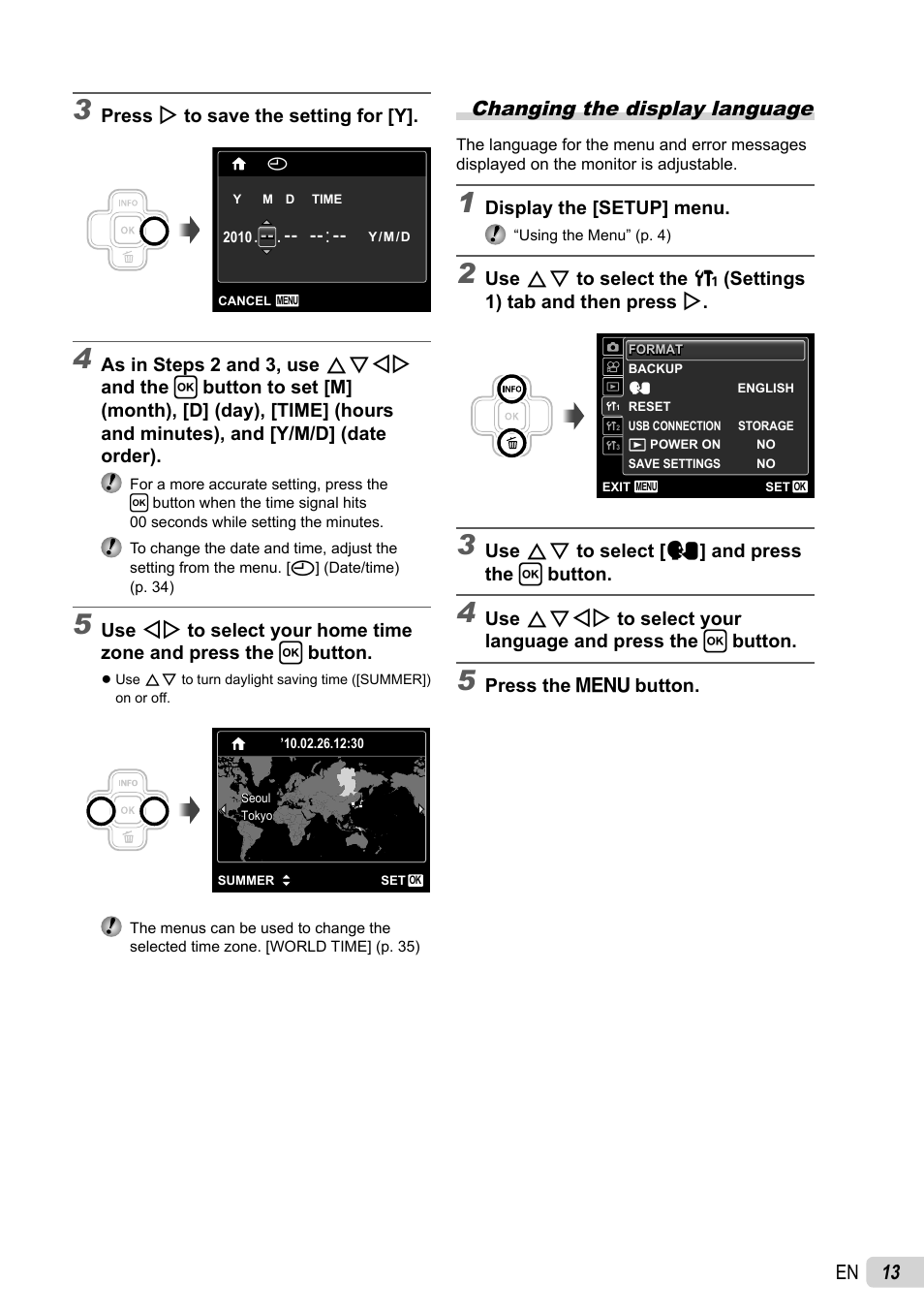 13 en, Changing the display language | Olympus FE-47 User Manual | Page 13 / 59