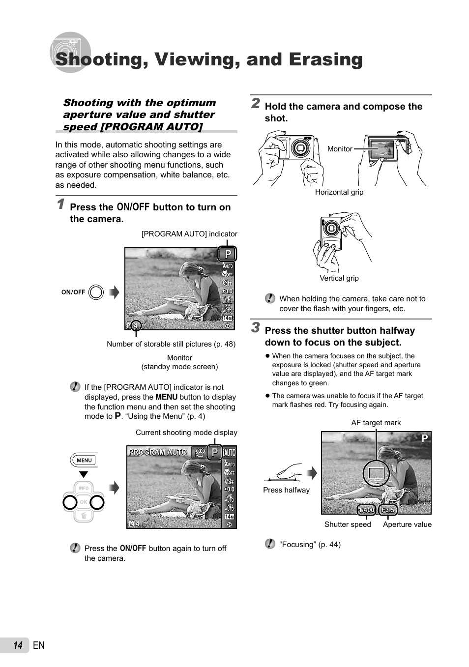Shooting, viewing, and erasing, 14 en, Hold the camera and compose the shot | Press the n button to turn on the camera | Olympus FE-47 User Manual | Page 14 / 59