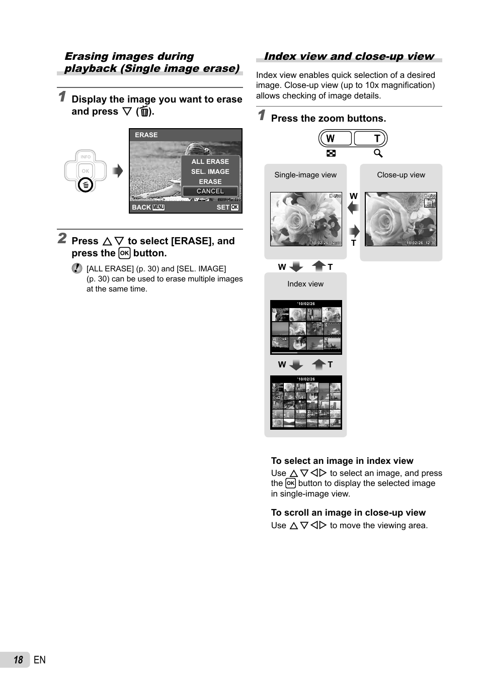 Index view and close-up view, Display the image you want to erase and press g, Press fg to select [erase], and press the h button | Press the zoom buttons | Olympus FE-47 User Manual | Page 18 / 59