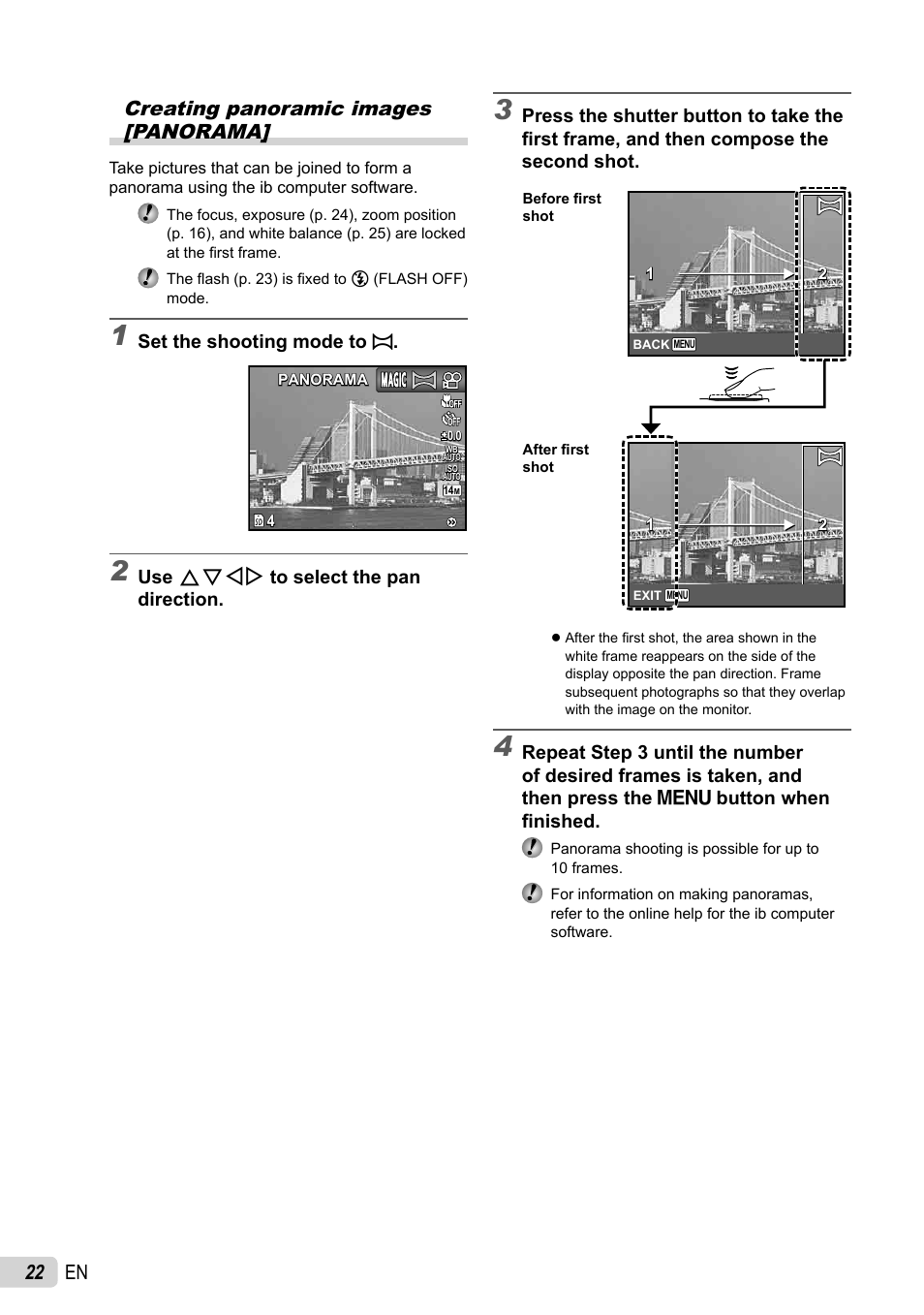 22 en creating panoramic images [panorama | Olympus FE-47 User Manual | Page 22 / 59