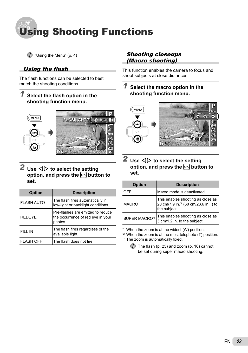 Using shooting functions, 23 en, Shooting closeups (macro shooting) | Using the fl ash | Olympus FE-47 User Manual | Page 23 / 59
