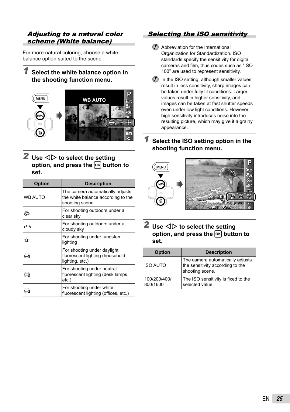 Selecting the iso sensitivity | Olympus FE-47 User Manual | Page 25 / 59