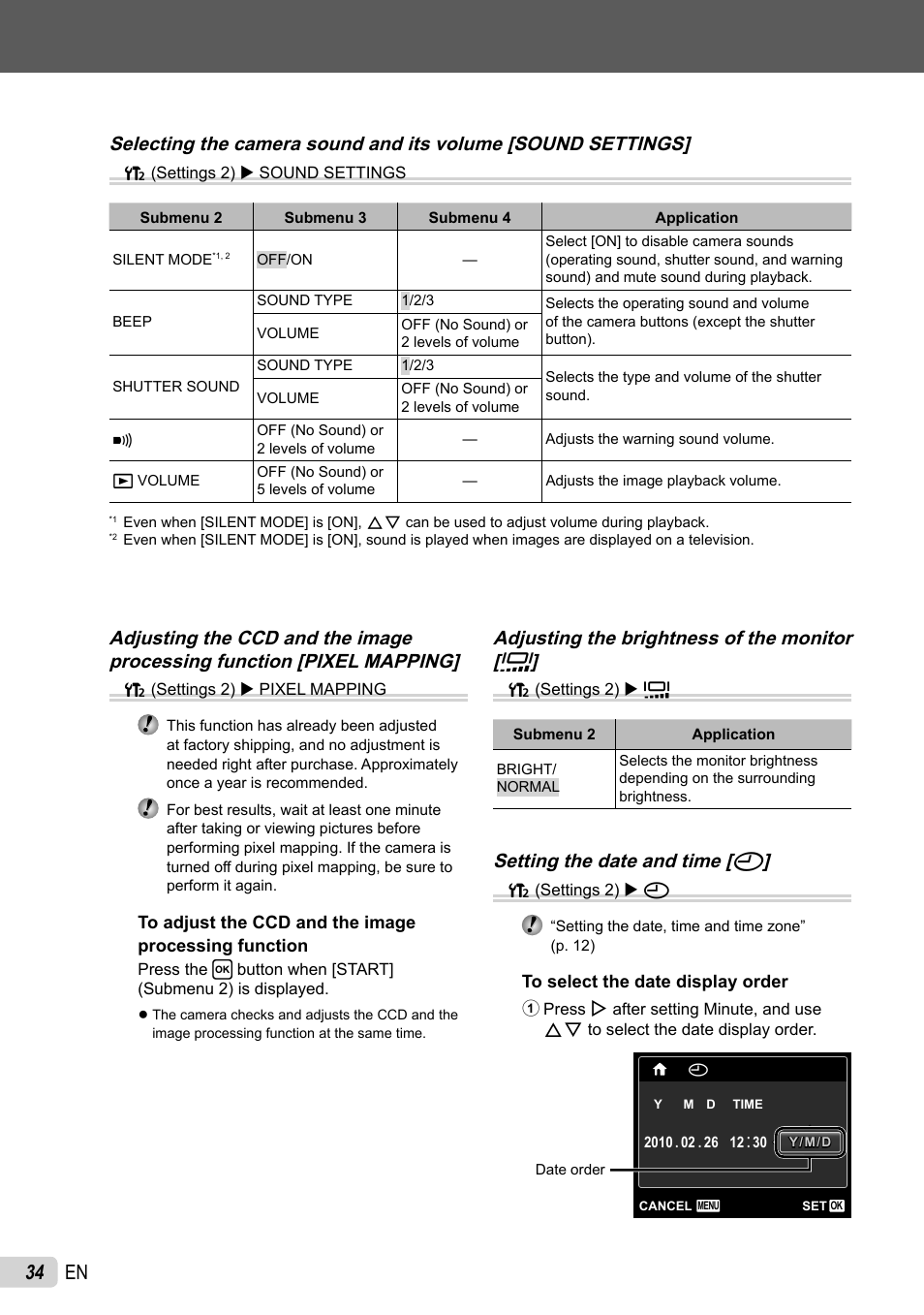 34 en, Adjusting the brightness of the monitor [ s, Setting the date and time [ x | Olympus FE-47 User Manual | Page 34 / 59