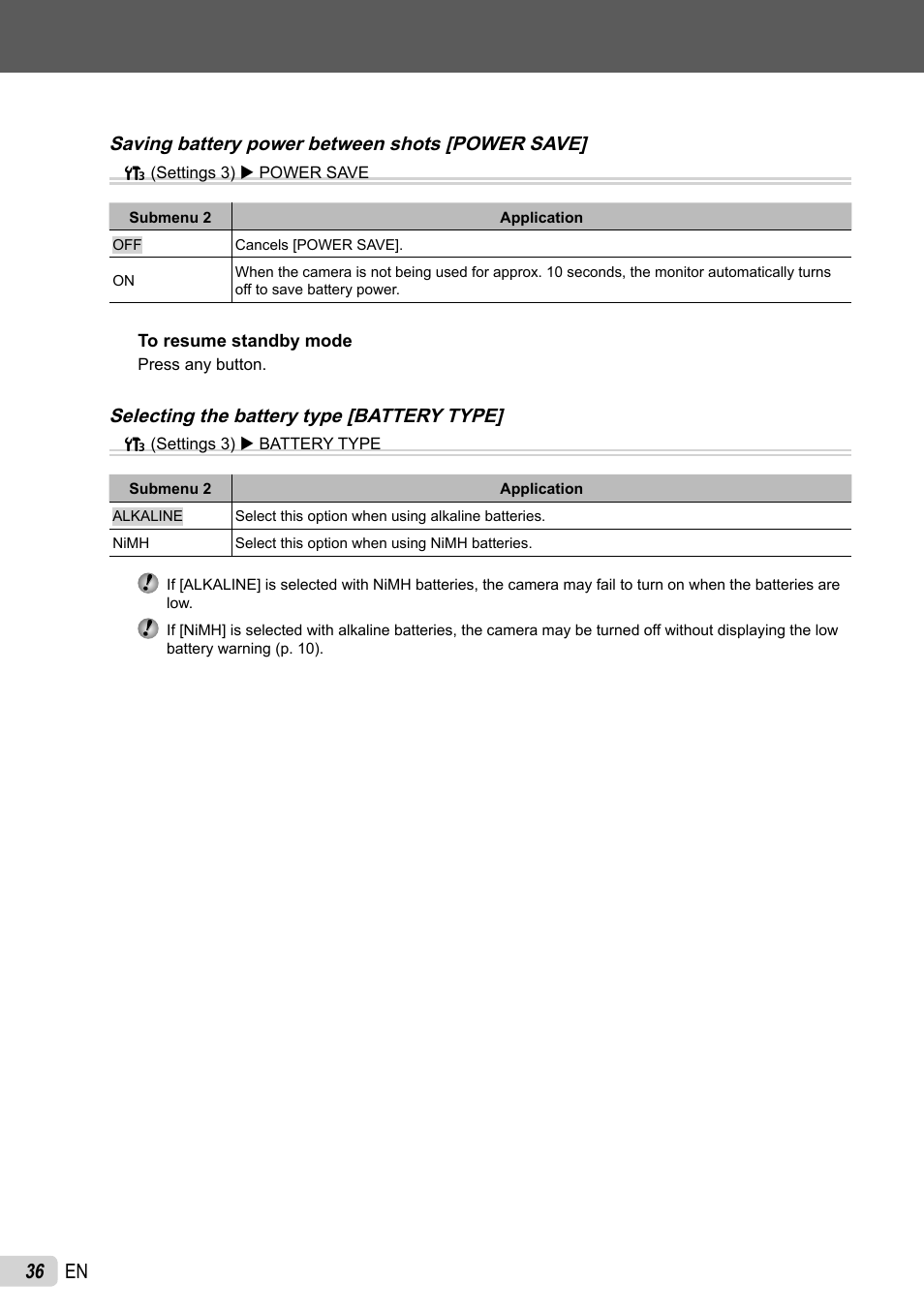 36 en, Saving battery power between shots [power save, Selecting the battery type [battery type | Olympus FE-47 User Manual | Page 36 / 59