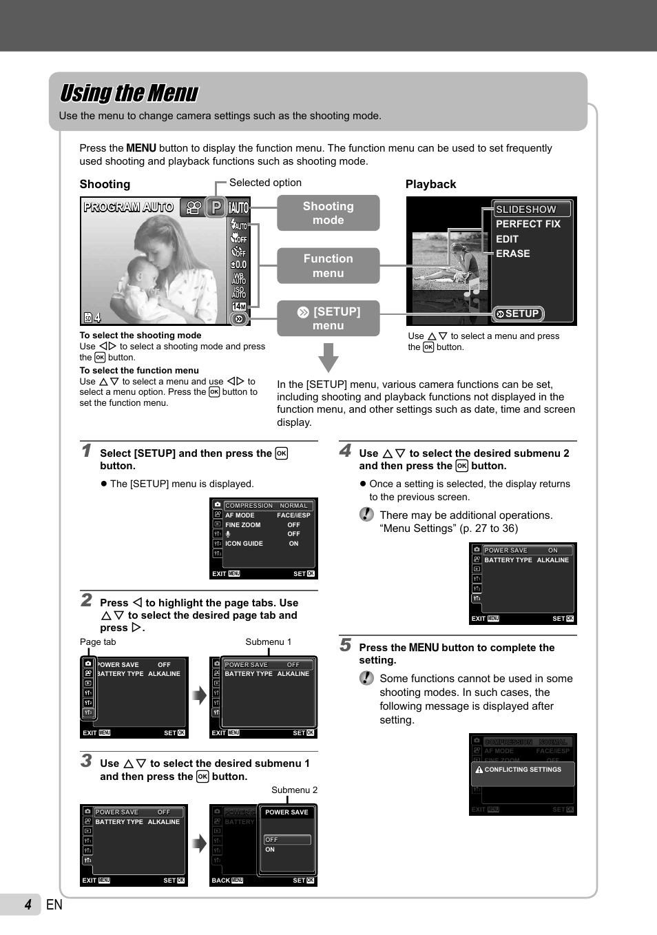 Using the menu, 4 en, Program auto | Program auto shooting playback, O [setup] menu function menu shooting mode, Selected option, Select [setup] and then press the h button | Olympus FE-47 User Manual | Page 4 / 59