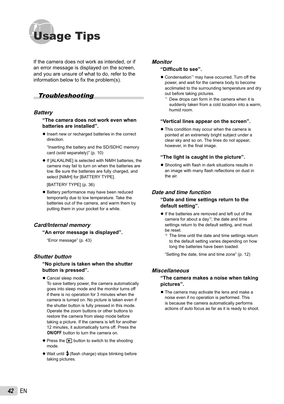 Usage tips, 42 en, Troubleshooting | Olympus FE-47 User Manual | Page 42 / 59