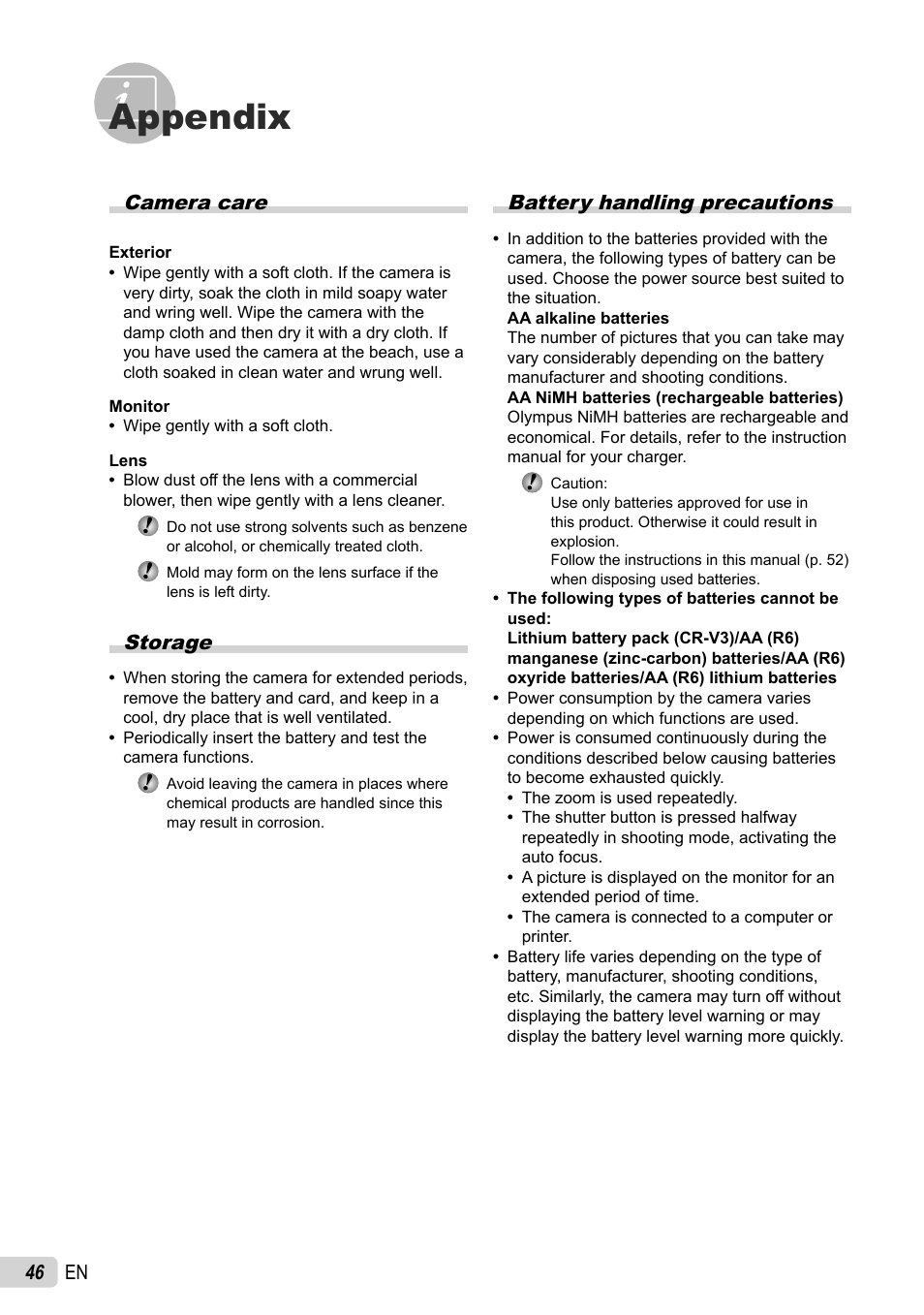 Appendix, 46 en, Battery handling precautions | Camera care, Storage | Olympus FE-47 User Manual | Page 46 / 59