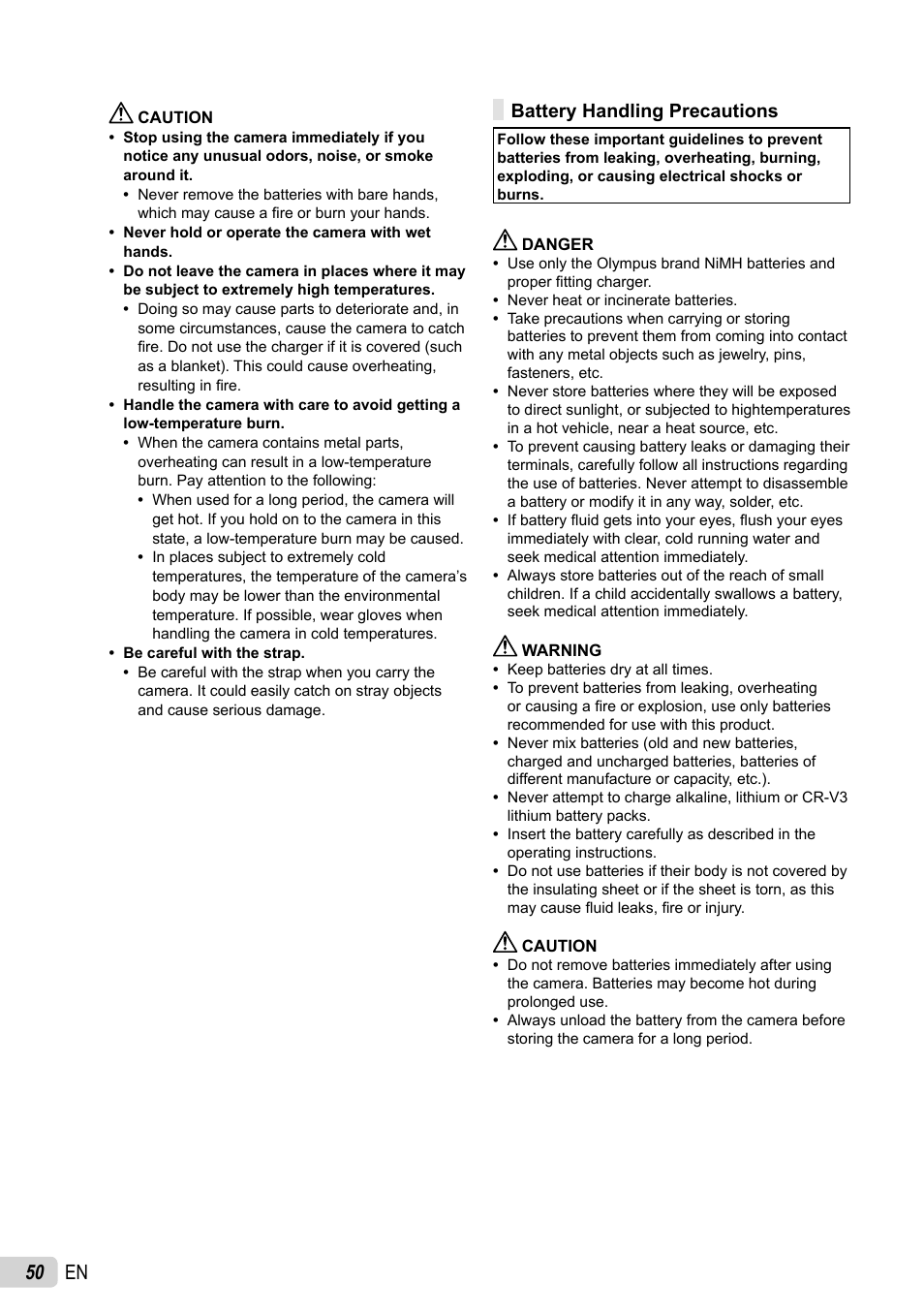 50 en, Battery handling precautions | Olympus FE-47 User Manual | Page 50 / 59