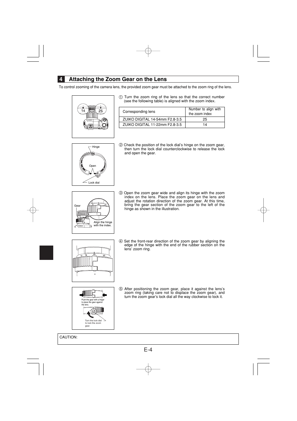E-4 4 attaching the zoom gear on the lens | Olympus PPO-E02 User Manual | Page 14 / 60