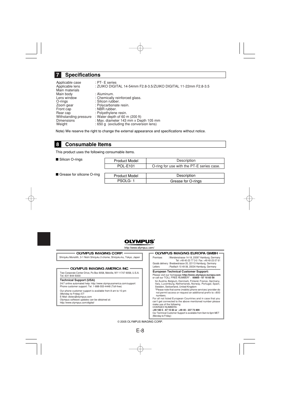 7specifications, 8consumable items | Olympus PPO-E02 User Manual | Page 18 / 60