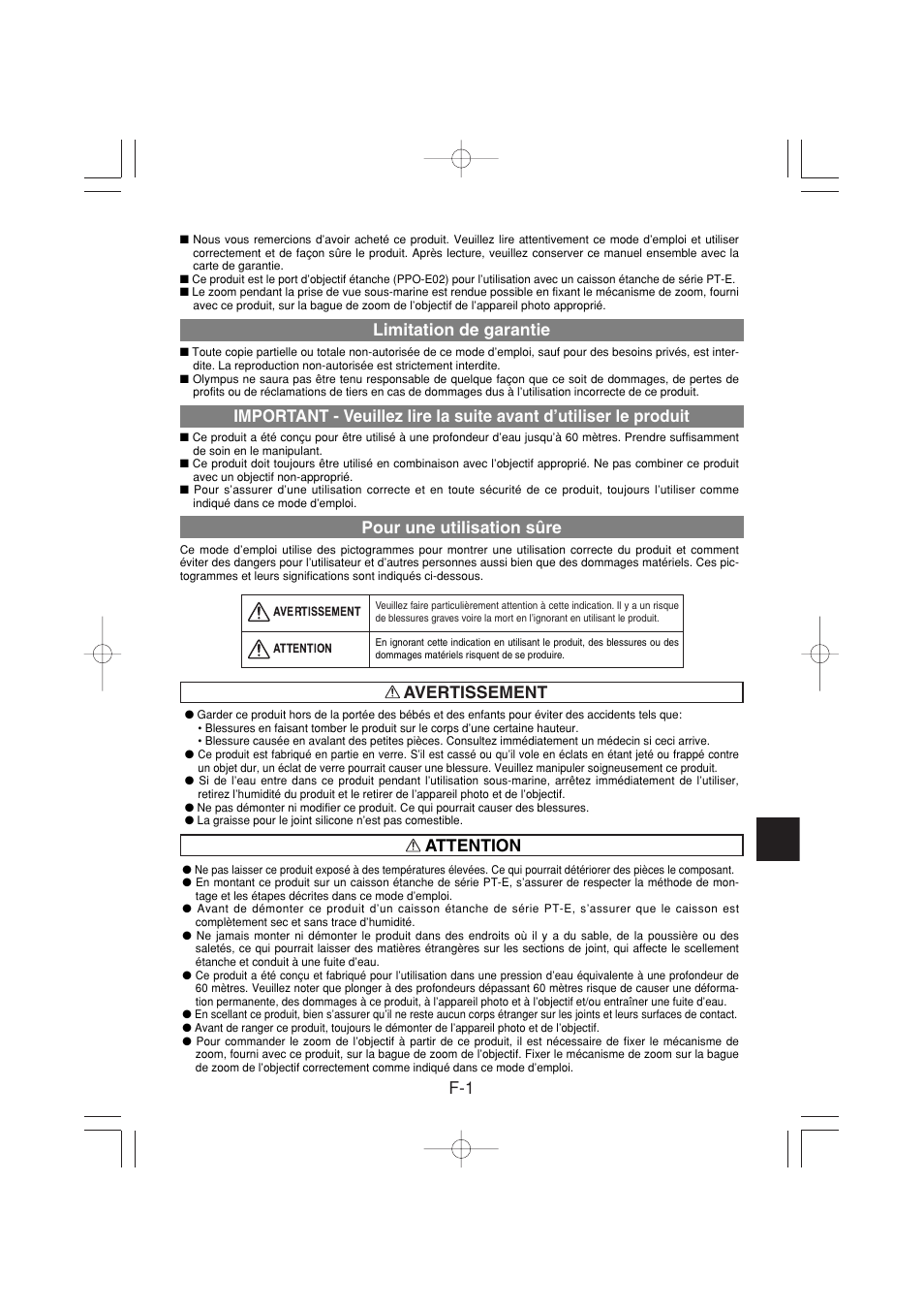 F-1 avertissement limitation de garantie, Pour une utilisation sûre, Attention | Olympus PPO-E02 User Manual | Page 19 / 60