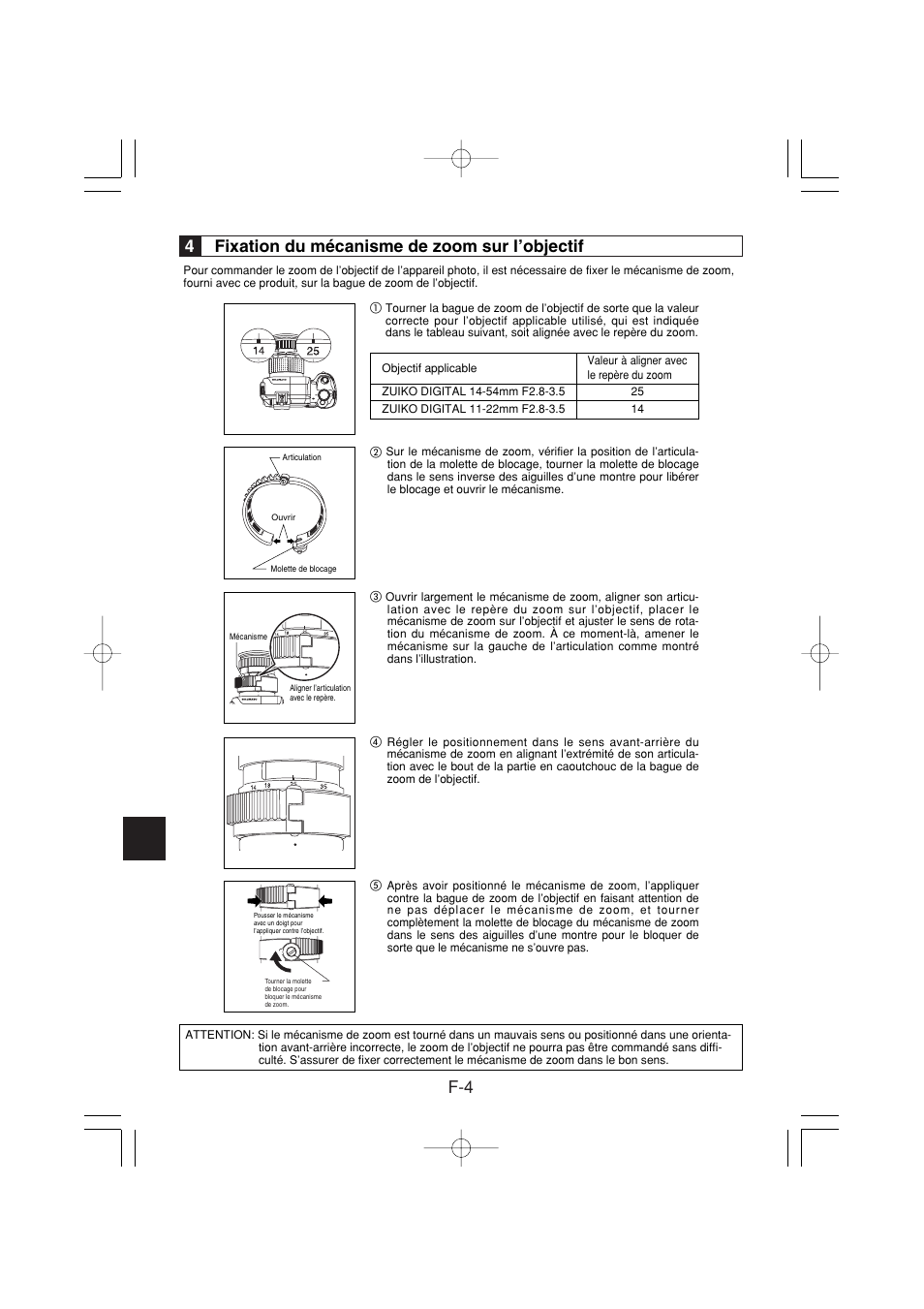 F-4 4 fixation du mécanisme de zoom sur l’objectif | Olympus PPO-E02 User Manual | Page 22 / 60